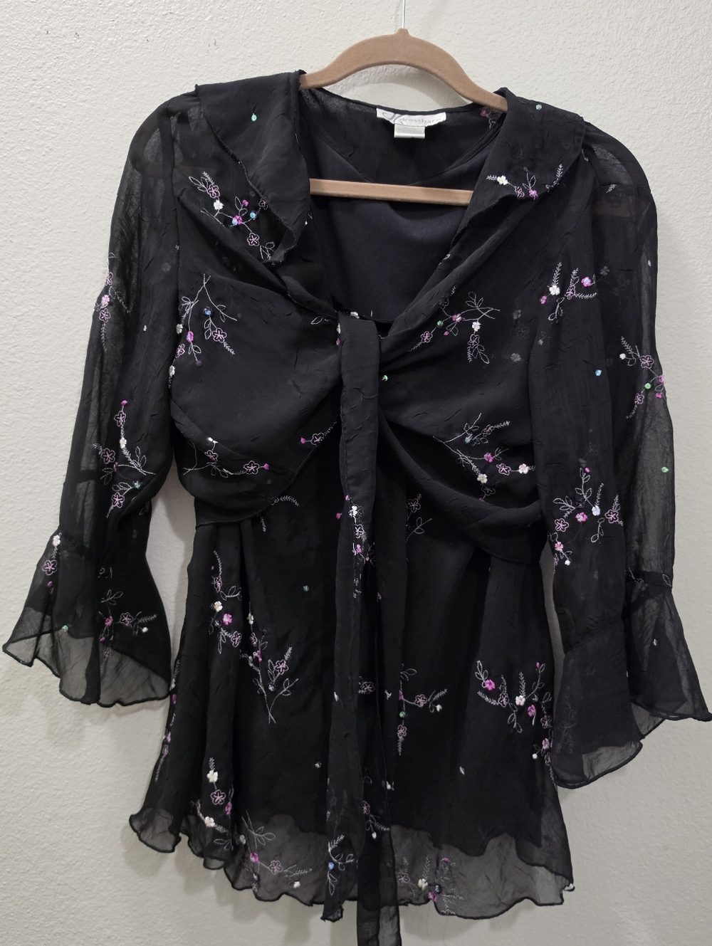 Dressbarn Black Sheer Floral Embroidered Tie Front Shrug Blouse | Y2k